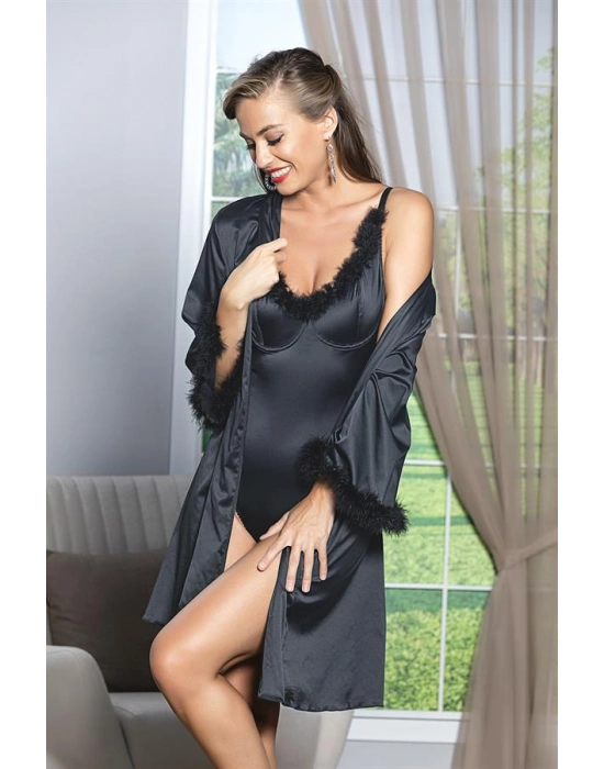 Kuşaklı Mini Boy Saten Sabahlık Siyah (brf11500)