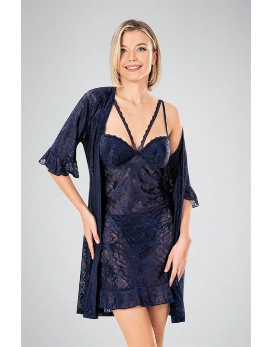 Lacivert Dantel İşlemeli 2li Sabahlık Takımı