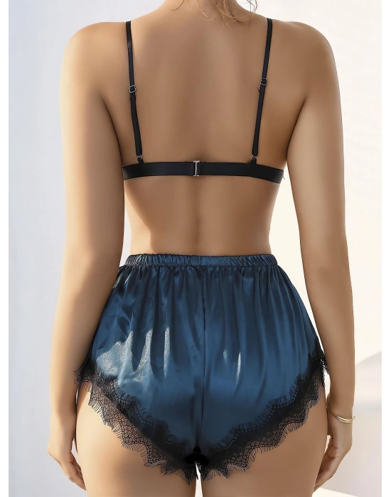 Lacivert Dantel İşlemeli Desteksiz Sütyenli Saten Şortlu Takım