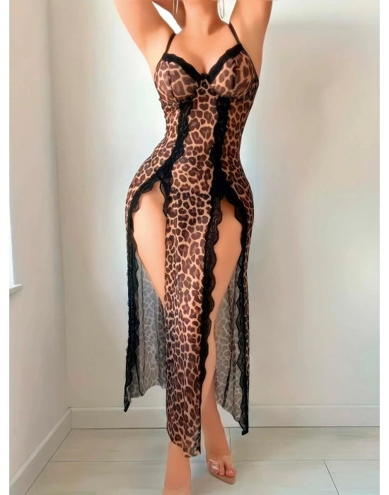 Leopar Desenli Yırtmaçlı Fantezi Uzun Gecelik