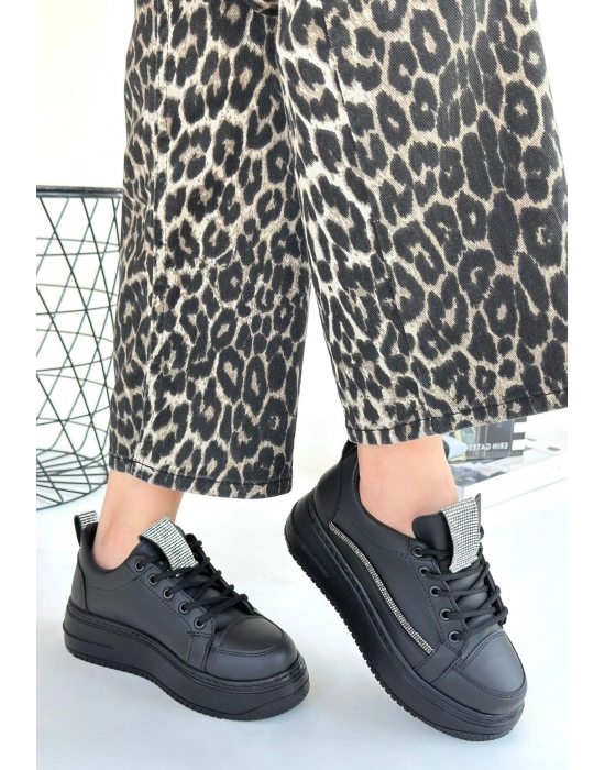 Leope Siyah Cilt Bağcıklı Spor Ayakkabı - Bamido