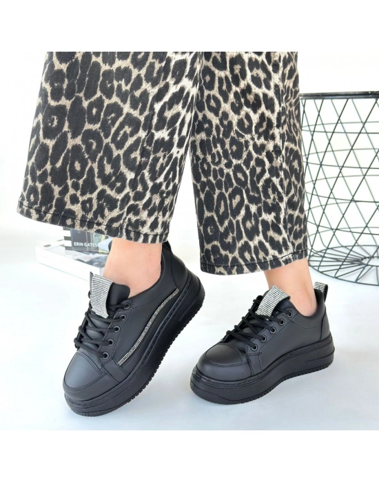 Leope Siyah Cilt Bağcıklı Spor Ayakkabı - Bamido