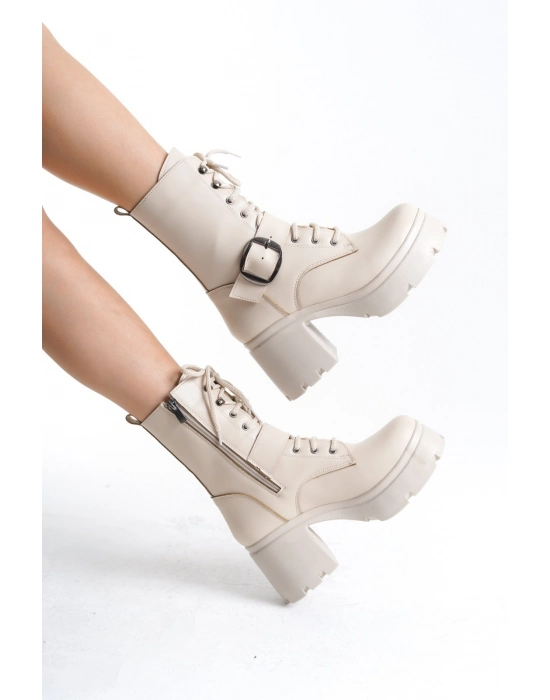 Linma Bej Cilt Bağcıklı Topuklu Bot - Bamido