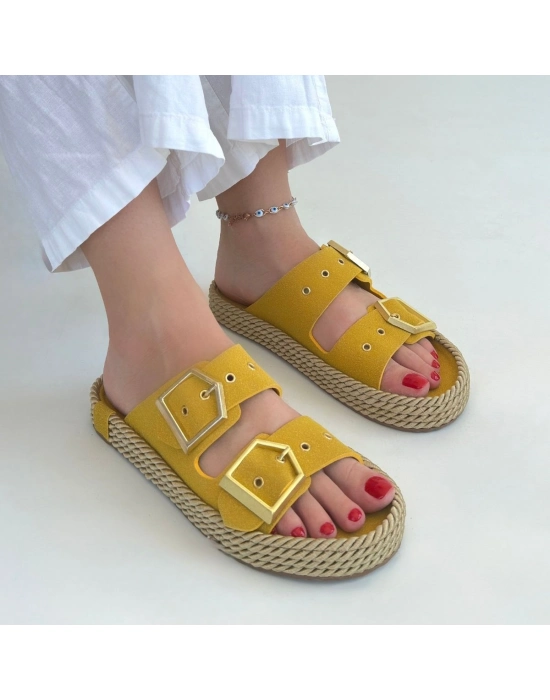 Loera Sarı Nubuk Çift Tokalı Terlik - Bamido