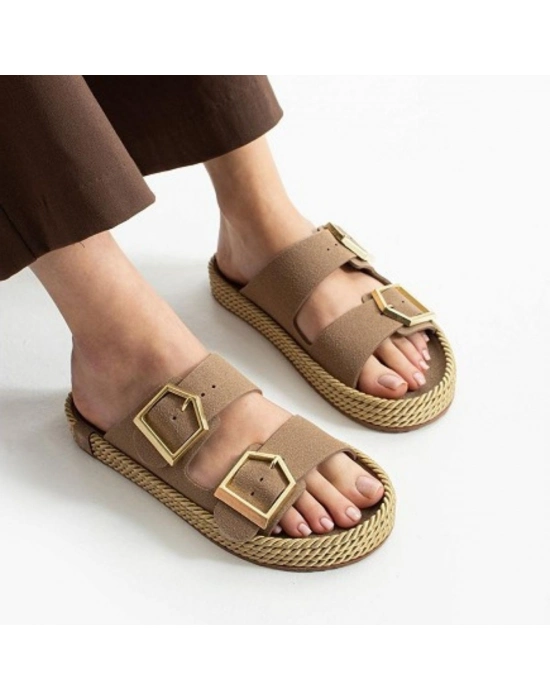 Loera Vizon Nubuk Çift Tokalı Terlik - Bamido