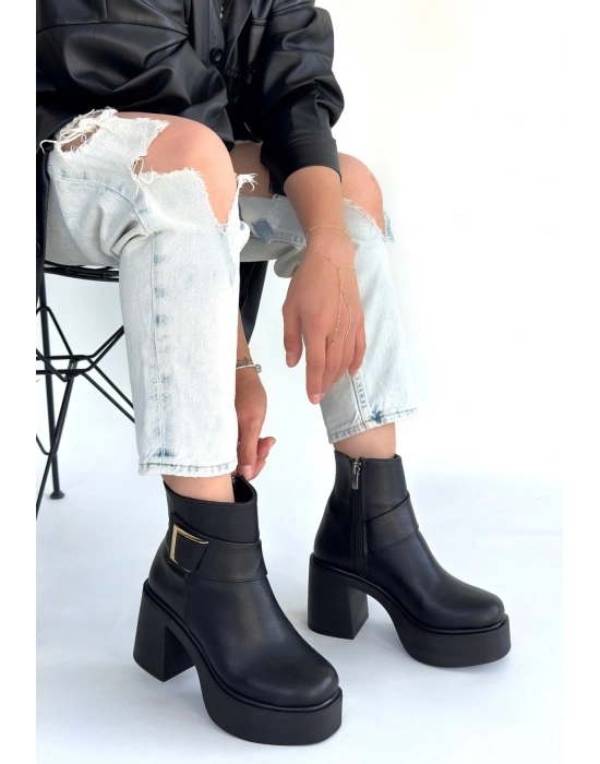 Lonji Siyah Cilt Topuklu Bot - Bamido