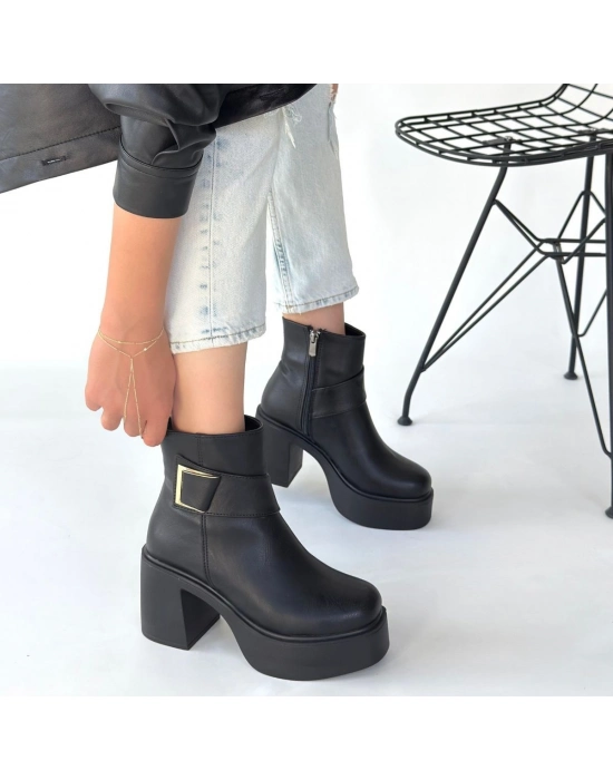 Lonji Siyah Cilt Topuklu Bot - Bamido