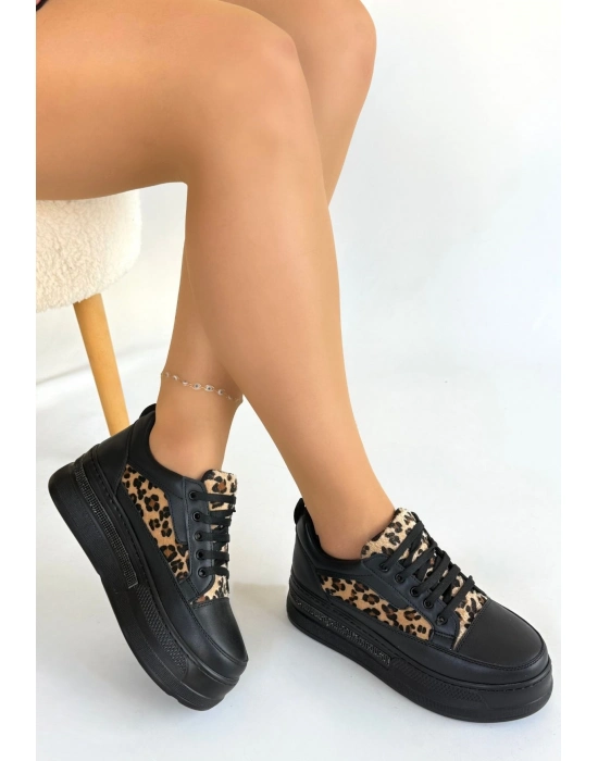 Lorrin Siyah Cilt Leopar Detaylı Bağcıklı Spor Ayakkabı - Bamido