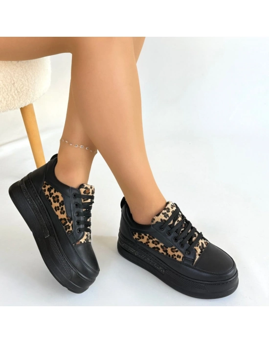 Lorrin Siyah Cilt Leopar Detaylı Bağcıklı Spor Ayakkabı - Bamido