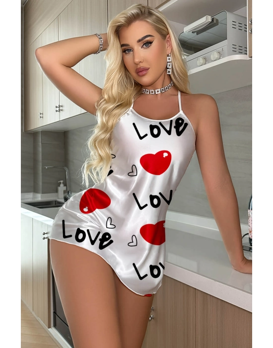 Love Desenli Beyaz Saten Gecelik
