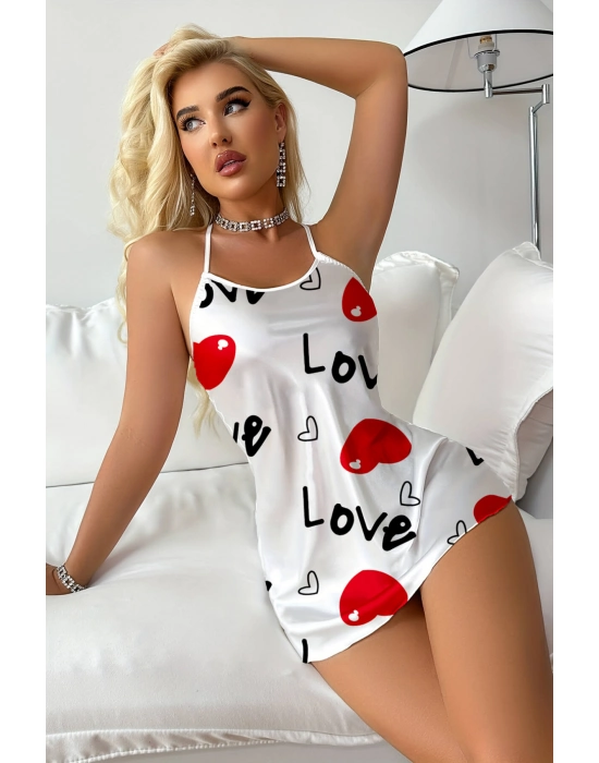 Love Desenli Beyaz Saten Gecelik