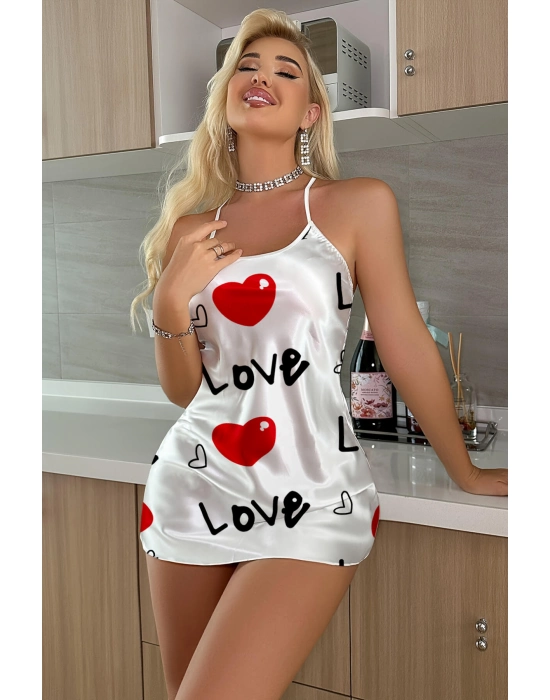 Love Desenli Beyaz Saten Gecelik