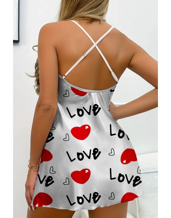 Love Desenli Beyaz Saten Gecelik