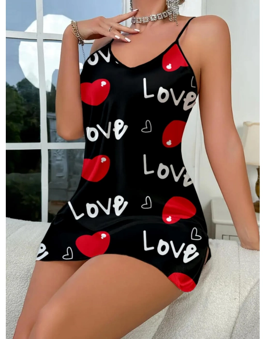 Love Desenli Saten Gecelik