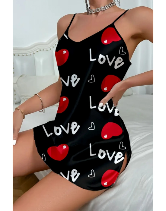 Love Desenli Saten Gecelik