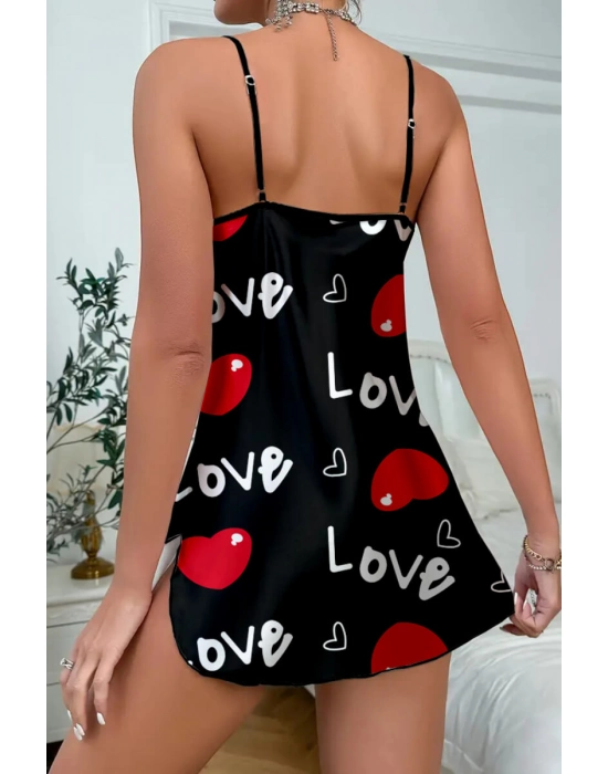 Love Desenli Saten Gecelik