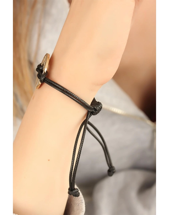 Lucky (şanslı) Siyah Deri İpli Unisex Mood Bileklik - Bamido