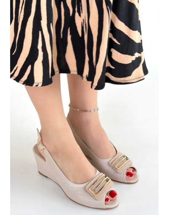 Mamba Bej Cilt Dolgu Topuk Ayakkabı - Bamido