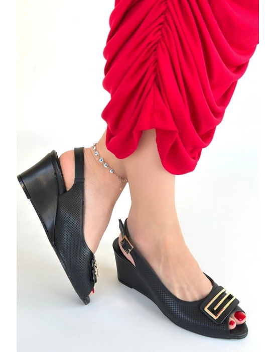 Mamba Siyah Cilt Dolgu Topuk Ayakkabı - Bamido