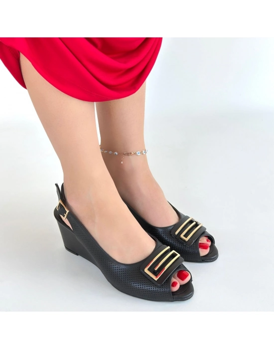 Mamba Siyah Cilt Dolgu Topuk Ayakkabı - Bamido