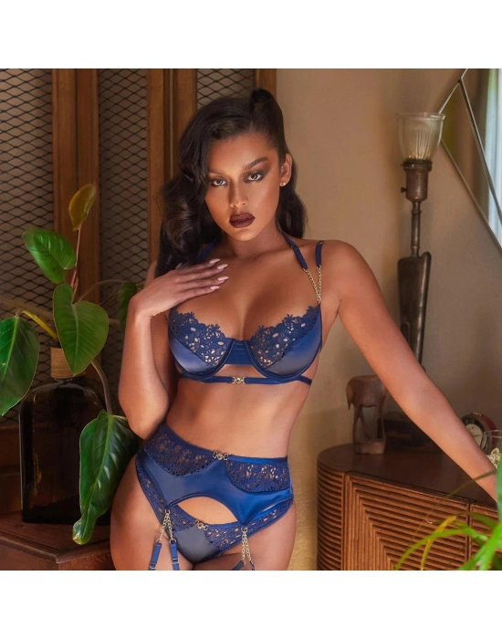 Mavi Dantel İşlemeli Zincir Detaylı Fantezi Jartiyer Takımı