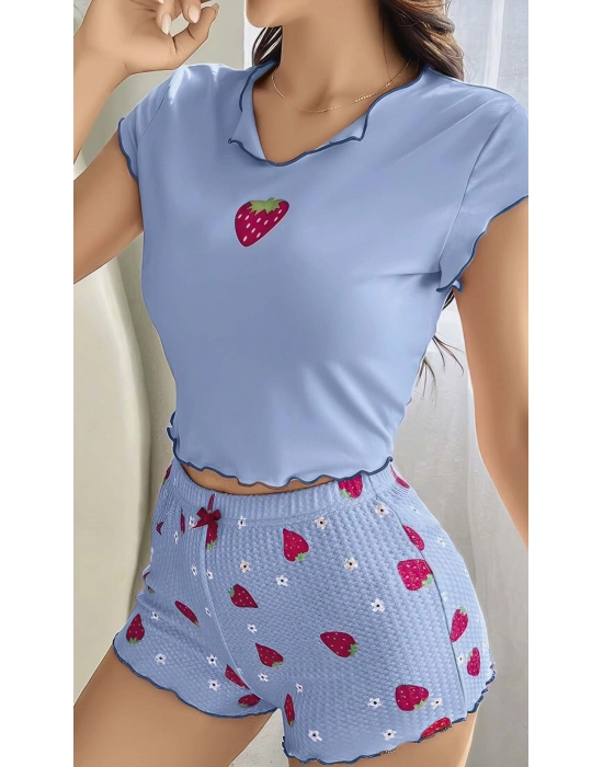Mavi Önü Çilek Detaylı Şortlu Gecelik Takımı