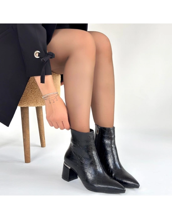 Meça Siyah Cilt Topuklu Bot - Bamido