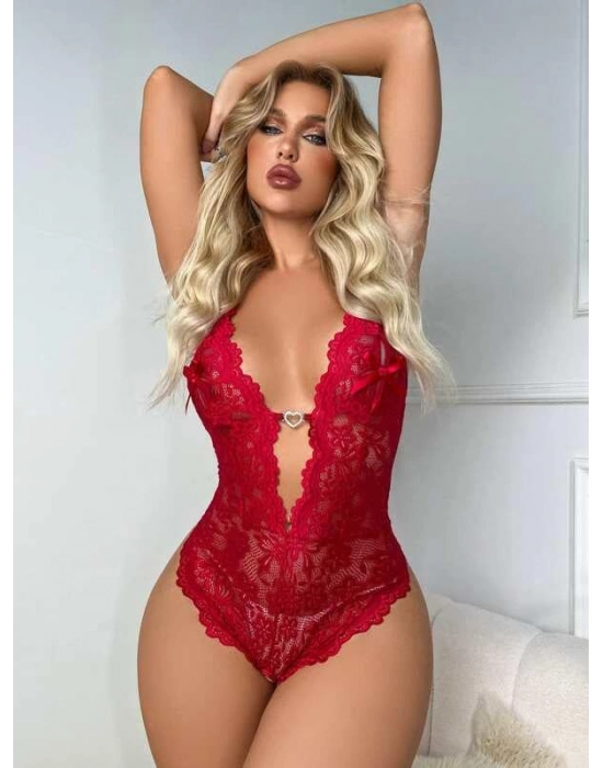 Metal Kalp Aksesuarlı Fantezi Dantelli Kırmızı Body