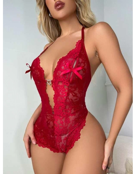 Metal Kalp Aksesuarlı Fantezi Dantelli Kırmızı Body