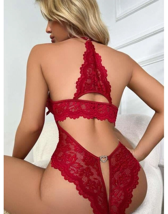 Metal Kalp Aksesuarlı Fantezi Dantelli Kırmızı Body
