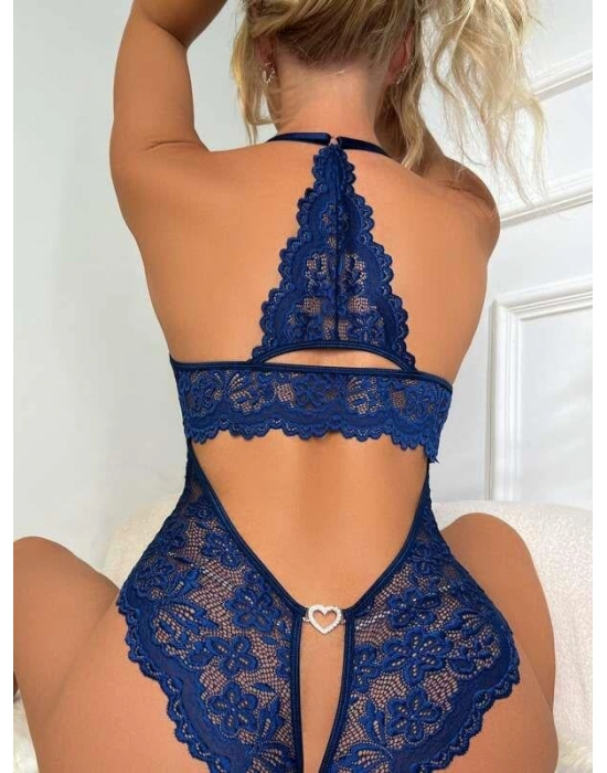 Metal Kalp Aksesuarlı Fantezi Dantelli Mavi Body