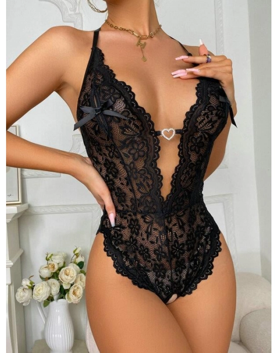 Metal Kalp Aksesuarlı Fantezi Dantelli Siyah Body