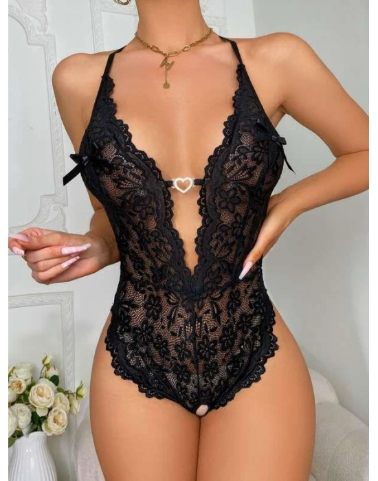 Metal Kalp Aksesuarlı Fantezi Dantelli Siyah Body