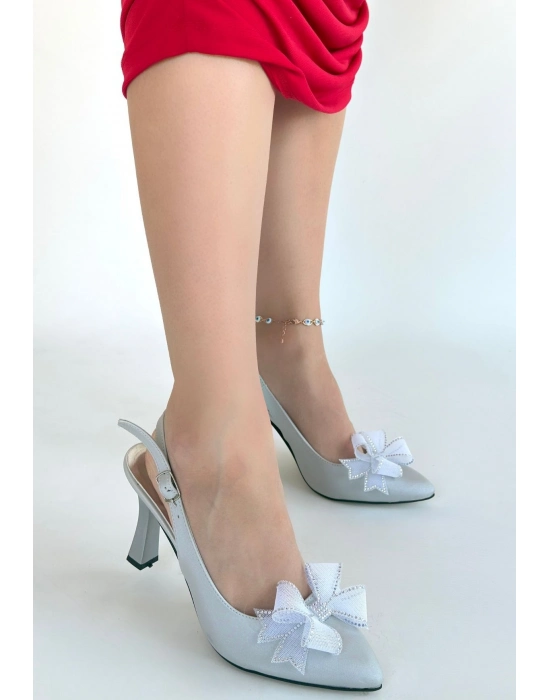 Mewi Gümüş Saten Topuklu Ayakkabı - Bamido