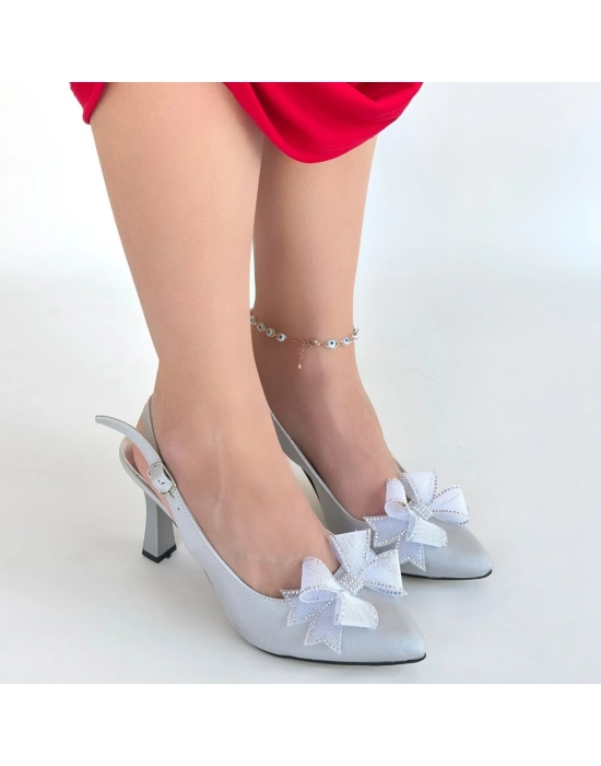 Mewi Gümüş Saten Topuklu Ayakkabı - Bamido