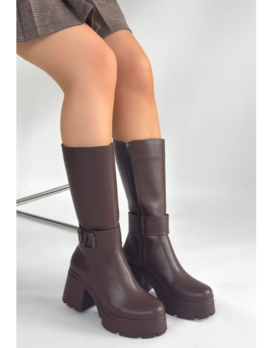 Moki Kahverengi Cilt Topuklu Çizme - Bamido