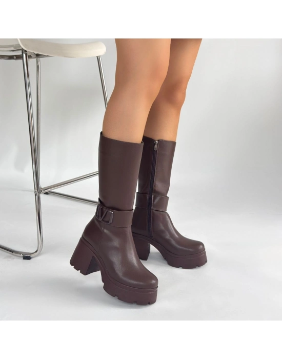 Moki Kahverengi Cilt Topuklu Çizme - Bamido