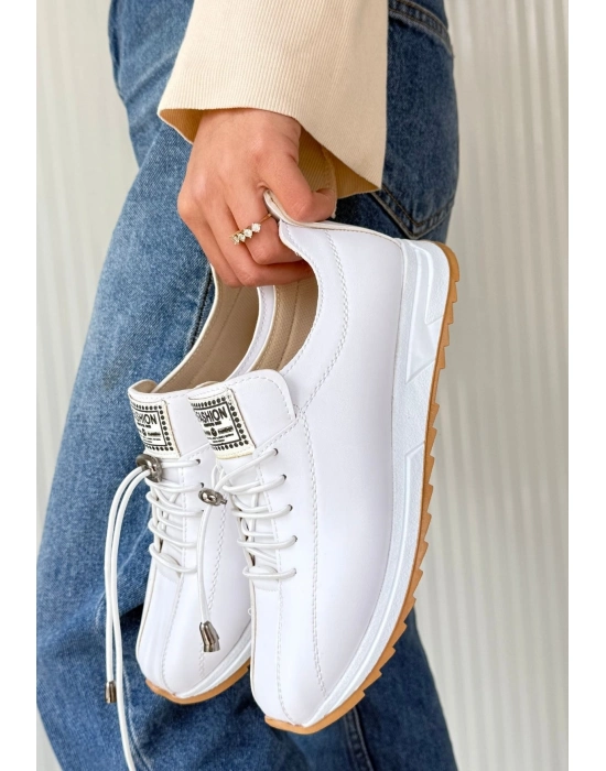 Monya Beyaz Cilt Bağcıklı Spor Ayakkabı - Bamido