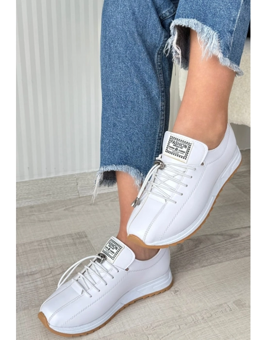 Monya Beyaz Cilt Bağcıklı Spor Ayakkabı - Bamido