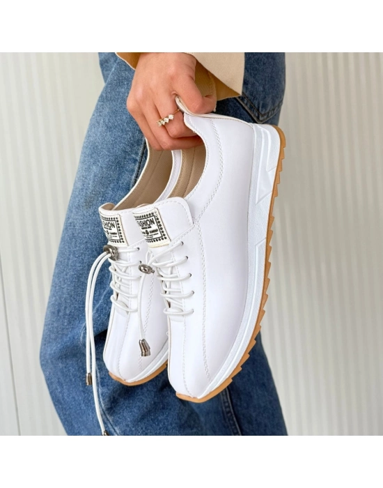 Monya Beyaz Cilt Bağcıklı Spor Ayakkabı - Bamido