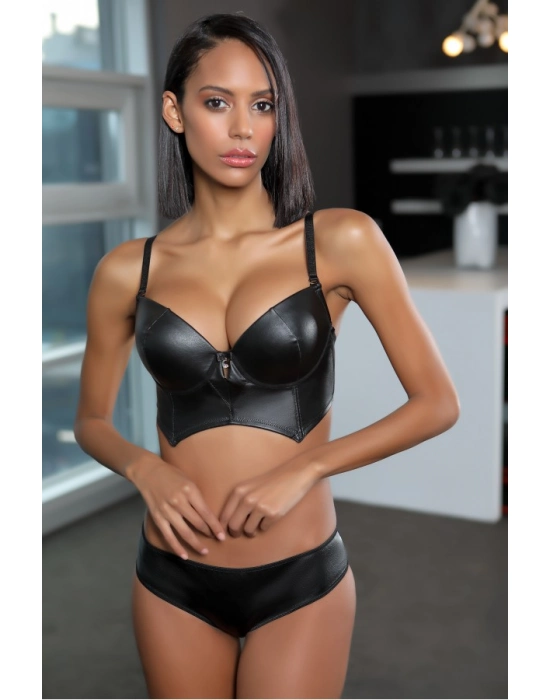 Moonlight 323 Deri Görünümlü Sütyen Ve Külot Takımı Destekli Siyah