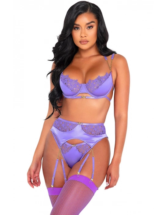 Mor Dantel İşlemeli Zincir Detaylı Fantezi Jartiyer Takımı