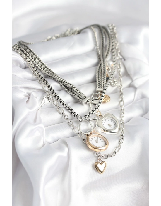 Otantik Gümüş Renk Kadın Kolye Kombini - Bamido