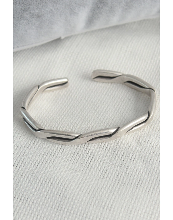 Otantik Gümüş Renk Motif İşleme Plaka Erkek Bileklik - Bamido