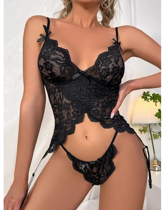 Özel Tasarım Arkadan Bağcıklı Fantezi Siyah Jartiyer Takım