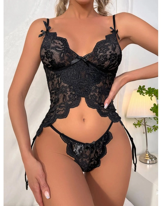 Özel Tasarım Arkadan Bağcıklı Fantezi Siyah Jartiyer Takım