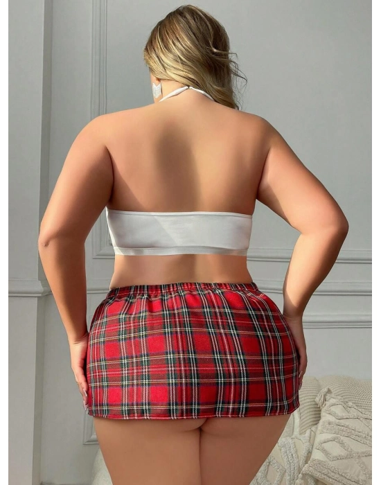 Özel Tasarım Büyük Beden Ekoseli Kravatlı Fantezi Liseli Kostümü