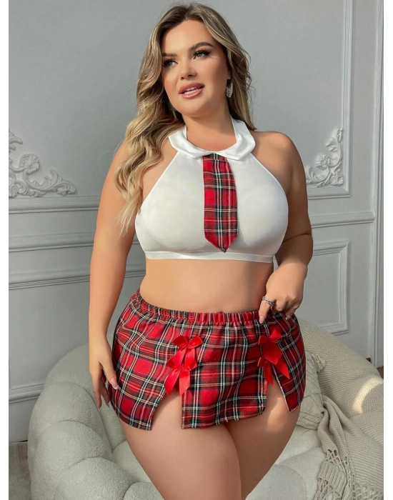 Özel Tasarım Büyük Beden Ekoseli Kravatlı Fantezi Liseli Kostümü