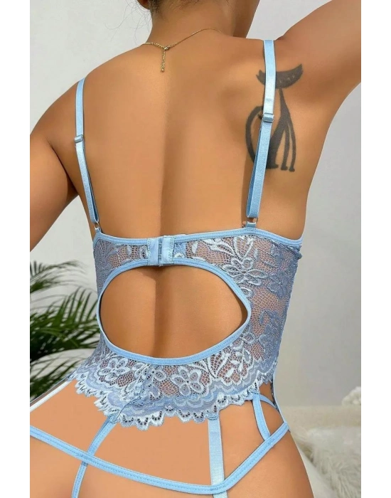 Özel Tasarım Dantelli Fantezi Mavi Jartiyer Takımı