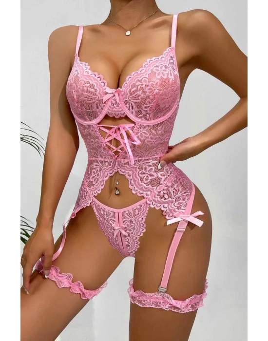 Özel Tasarım Dantelli Fantezi Pembe Jartiyer Takımı